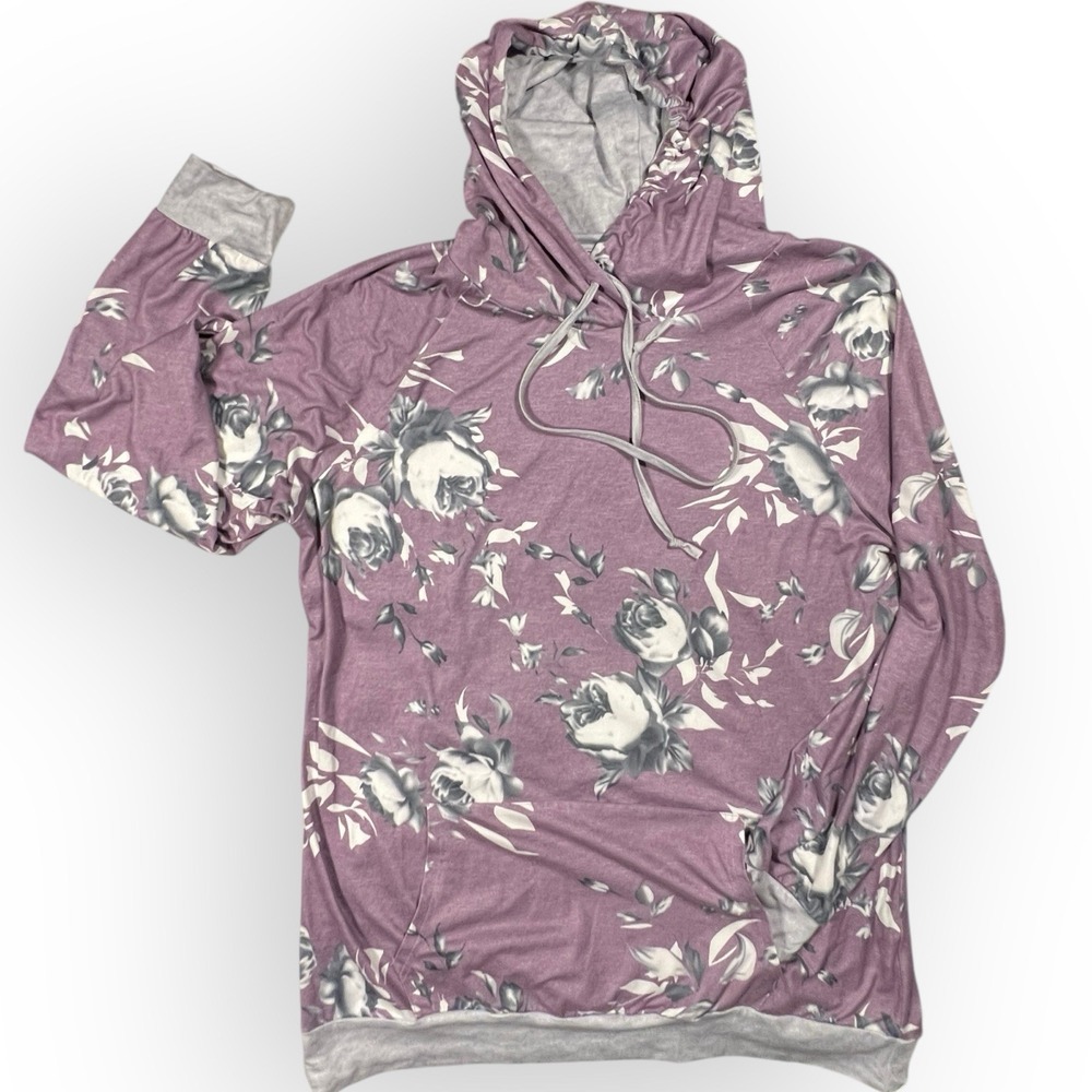 BARLVER‎ Hoodie Pullover Top Sz XL Lavender Black Gray Roses Super Soft Cozycore - Picture 2 of 12
